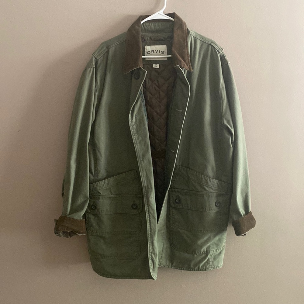 Orvis Men's Green Chore Barn Coat with Corduroy Collar & Quilted Lining Size L
